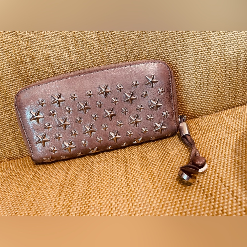 Jimmy Choo Bronze/Gold Metallic Star-Studded Leather Wallet with Zip Closure